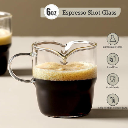 6 OZ Espresso Cups Set of 2, Double Spouts Stackable Cups, Shots Glass Mugs with Handle, Machine Accessories for Coffee Bar, Cute Clear Glasses Gift -.