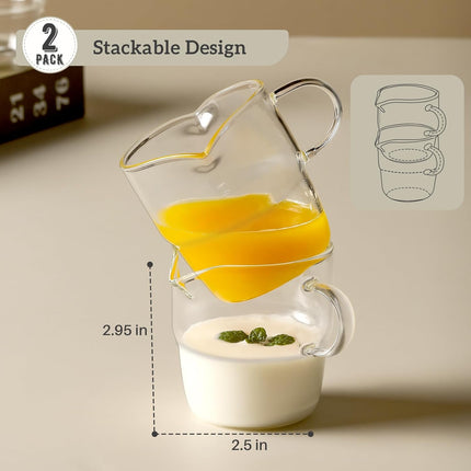 6 OZ Espresso Cups Set of 2, Double Spouts Stackable Cups, Shots Glass Mugs with Handle, Machine Accessories for Coffee Bar, Cute Clear Glasses Gift -.