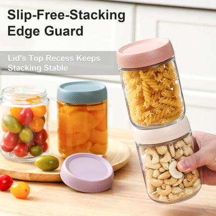 4-pack 16oz Glass jars with Airtight Lids, Overnight Oats Containers Wide mouth Mason Salad jars, Food Storage for Snacks Yogurt Spice Sugar 4 Colors -.