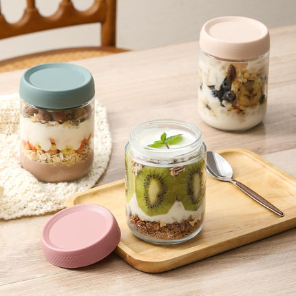 4-pack 16oz Glass jars with Airtight Lids, Overnight Oats Containers Wide mouth Mason Salad jars, Food Storage for Snacks Yogurt Spice Sugar 4 Colors -.