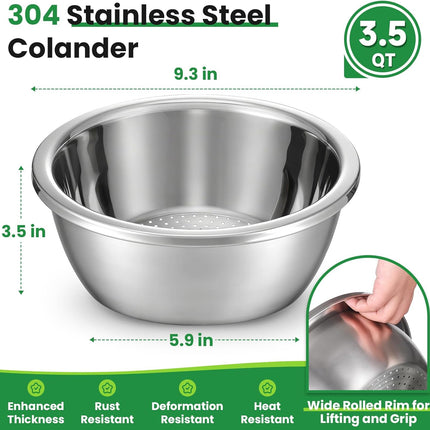 Hands-Free 304 Stainless Steel Strainer and Colander with Self-Draining Base, Kitchen Microporous Strainers for Rice Pasta Fruits Vegetables -.