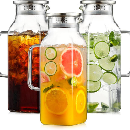 3 Pack 2 Liters/68 oz Square Glass Pitcher with Lid and Handle for Fridge, Iced Tea Coffee Carafe Beverage Serveware, Heat Resistant Borosilicate Water Jug Hot/Cold Drinks Milk -.