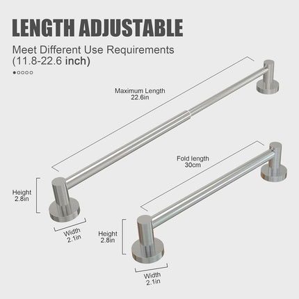 Towel Bar - Adjustable 304 Stainless Steel Holder for Bathroom (11.8inch-22.6inch) Sturdy and Rustproof Wall Mounted Rack Accessories, Silver… Silver.