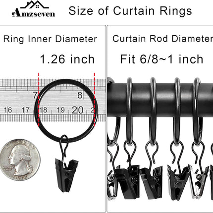 40 Pack Curtain Rings with Clips, Drapery Clips Rings, Drapes 1.26 in Interior Diameter, Fits up to 1 Rod, Black 1.26" I D.