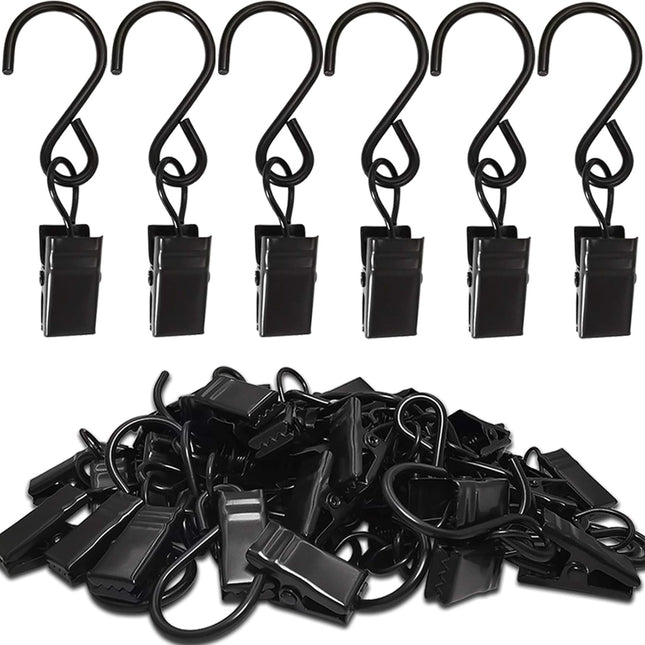 Stainless Steel S Hooks Curtain Clips, 50 Pack Hanging Party Lights Clips Hangers Gutter Photo, Art Craft Display, 2.4 Inch Long, Black Long -