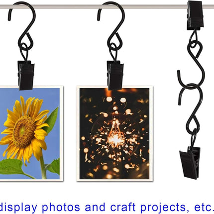 Stainless Steel S Hooks Curtain Clips, 50 Pack Hanging Party Lights Clips Hangers Gutter Photo, Art Craft Display, 2.4 Inch Long, Black Long -.