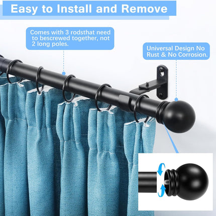 Curtain Rods for Windows 16 to 48 Inches, Rod Max Adjustable Length of 60 IN, 1" Diameter Drapery Round Finials, Black, Pack 1 Black 48" - 1'' rod.