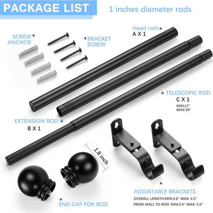 Curtain Rods for Windows 16 to 48 Inches, Rod Max Adjustable Length of 60 IN, 1" Diameter Drapery Round Finials, Black, Pack 1 Black 48" - 1'' rod.