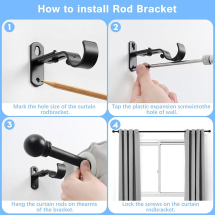 Curtain Rods for Windows 16 to 48 Inches, Rod Max Adjustable Length of 60 IN, 1" Diameter Drapery Round Finials, Black, Pack 1 Black 48" - 1'' rod.