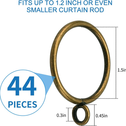 44 Pack Curtain Rings with Eyelets, Metal Drapery for Pinch Pleat Curtains, Drape Ring 1.5 Inch I D, Fits Up to 1.2 in Rod (Bronze) Antique Bronze -.