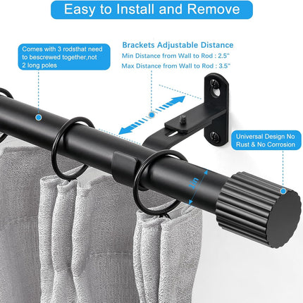 Curtain Rods for Windows 16 to 48 Inch, Rod Max Adjustable Length of 60 in, 1" Diameter Drapery with Cylindrical Finials, Black 1 Pack 16" 48".