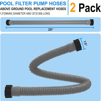 1.5" x 20" Pool Hose Replacement, Pack of 2 - Compatible with Above Ground Pools Filter Pump Hoses, Sand Filters, Saltwater Systems (1,500-2,500 GPH), Grey Gray.