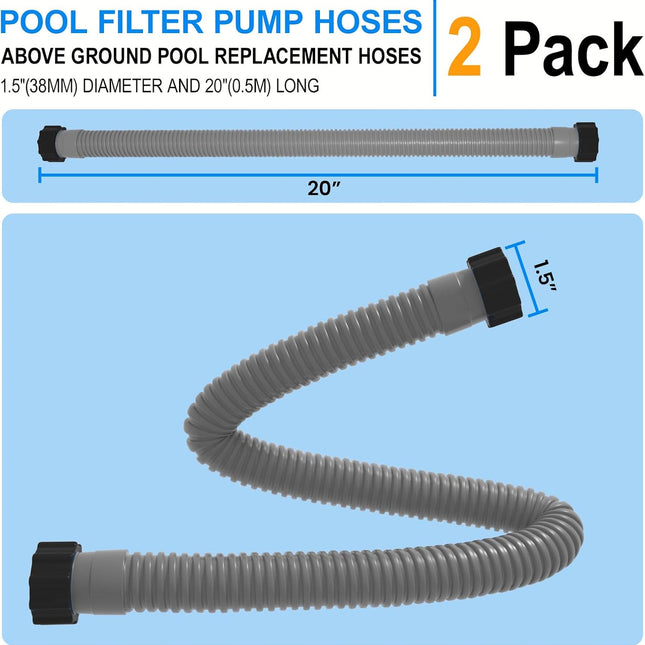 1.5" x 20" Pool Hose Replacement, Pack of 2 - Compatible with Above Ground Pools Filter Pump Hoses, Sand Filters, Saltwater Systems (1,500-2,500 GPH), Grey Gray.