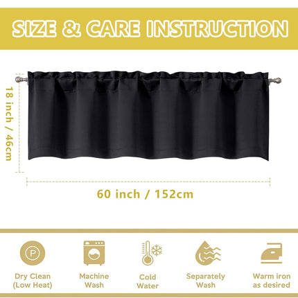 Black Valances for Windows, Small Blackout Curtains Kitchen Bedroom Living Room, Rod Pocket Privacy Modern Solid Short Window Treatment Valance Bathroom Panels, 60" Wx18 L,1 Piece 60"W x 18"L (Pack of.