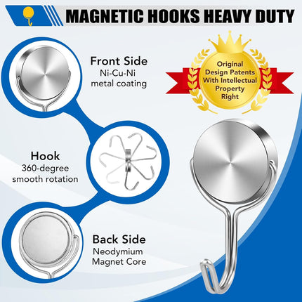 Magnetic Hooks for Cruise Cabins, 60Lbs Swivel Heavy Duty, Ship Essentials, Locker Accessories, Magnet Hook Classroom, Refrigerator, Hanging, Grill -6 Pack Silver 1x2inch.
