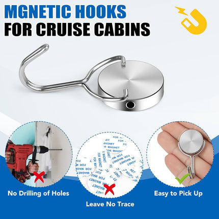 Magnetic Hooks for Cruise Cabins, 60Lbs Swivel Heavy Duty, Ship Essentials, Locker Accessories, Magnet Hook Classroom, Refrigerator, Hanging, Grill -6 Pack Silver 1x2inch.