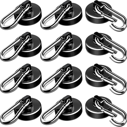 Strong Magnetic Hooks, 70LBS Hooks Heavy Duty Neodymium Magnets with Carabiner Hook, Magnet Swivel for Kitchen, Hanging, Cruise, Grill, Refrigerator - 12 Pack Black 2in x 0.98in