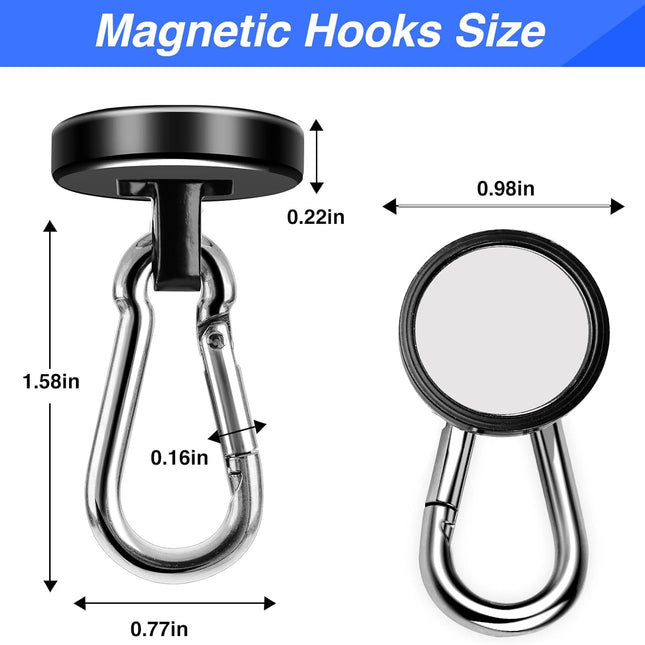 Strong Magnetic Hooks, 70LBS Hooks Heavy Duty Neodymium Magnets with Carabiner Hook, Magnet Swivel for Kitchen, Hanging, Cruise, Grill, Refrigerator - 12 Pack Black 2in x 0.98in.