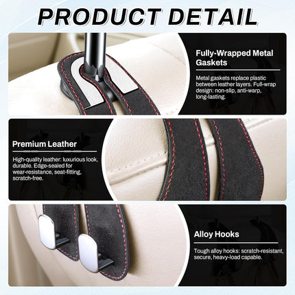 2PCS Car Purse Holder Hook, Seat Back Storage Leather-Wrapped Alloy Double Headrest Hook for Purses & Bags, Cute Interior Accessories Women and Men, Black -.
