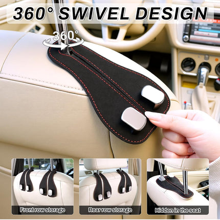 2PCS Car Purse Holder Hook, Seat Back Storage Leather-Wrapped Alloy Double Headrest Hook for Purses & Bags, Cute Interior Accessories Women and Men, Black -.