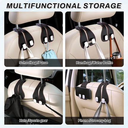 2PCS Car Purse Holder Hook, Seat Back Storage Leather-Wrapped Alloy Double Headrest Hook for Purses & Bags, Cute Interior Accessories Women and Men, Black -.