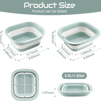 1.5 Gal (5.5L) Collapsible Dish Basin with Drain Basket Colanders, Multiuse Double-Layer Foldable Strainers Sink Tub, Wash Pan, Plastic Tubs, Dishpan, Kitchen Sink, Green -.