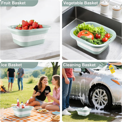 1.5 Gal (5.5L) Collapsible Dish Basin with Drain Basket Colanders, Multiuse Double-Layer Foldable Strainers Sink Tub, Wash Pan, Plastic Tubs, Dishpan, Kitchen Sink, Green -.