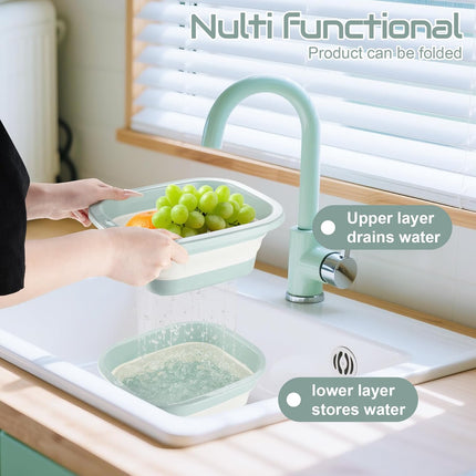1.5 Gal (5.5L) Collapsible Dish Basin with Drain Basket Colanders, Multiuse Double-Layer Foldable Strainers Sink Tub, Wash Pan, Plastic Tubs, Dishpan, Kitchen Sink, Green -.