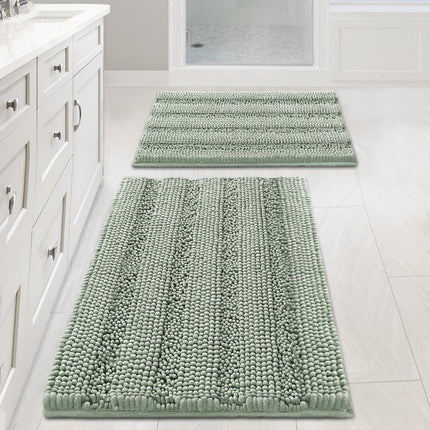Sage Bathroom Rugs, Bath Mat Set of 2 Extra Thick Chenille Striped Pattern Shaggy Rugs for Room, Non Skid Mats Floor (32 x 20 Plus 24 17 - Inches) 20" 32" 17" 24".