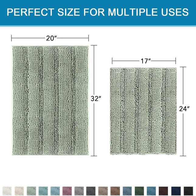 Sage Bathroom Rugs, Bath Mat Set of 2 Extra Thick Chenille Striped Pattern Shaggy Rugs for Room, Non Skid Mats Floor (32 x 20 Plus 24 17 - Inches) 20" 32" 17" 24".