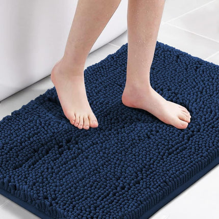 Navy Blue Bath Rug, Mat Non Slip Mats for Bathroom Floor, Rug Extra Thick Chenille 17" x 24" Absorbent Soft Shaggy Washable Dry Fast Plush Rugs Bathtubs.