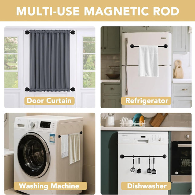 1 PACK Magnetic Curtain Rods for Metal Doors 16" to 28", 1/2 Inch Diameter Adjustable French Door Rod Classroom Whiteboard Cafe Towel Bar Holder, Black 16"-28".