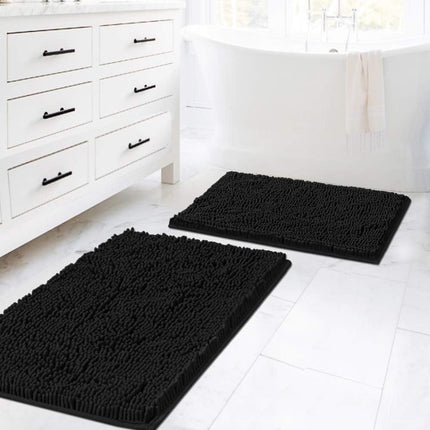 Black Bathroom Rug Set 2 Piece, Bath Mats for Floor, Super Thick Soft Shaggy Chenille Machine Washable, Dry Fast Water Absorbent Mats(20" x 32"/17" 24") 20" 32" Plus 17" 24".