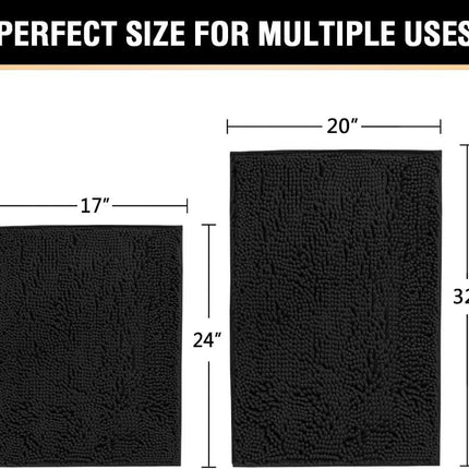 Black Bathroom Rug Set 2 Piece, Bath Mats for Floor, Super Thick Soft Shaggy Chenille Machine Washable, Dry Fast Water Absorbent Mats(20" x 32"/17" 24") 20" 32" Plus 17" 24".