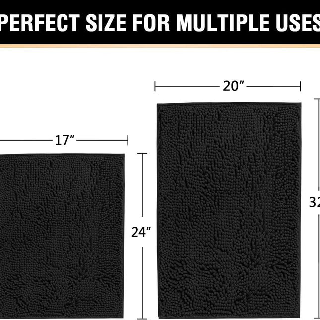 Black Bathroom Rug Set 2 Piece, Bath Mats for Floor, Super Thick Soft Shaggy Chenille Machine Washable, Dry Fast Water Absorbent Mats(20" x 32"/17" 24") 20" 32" Plus 17" 24".
