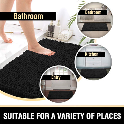 Black Bathroom Rug Set 2 Piece, Bath Mats for Floor, Super Thick Soft Shaggy Chenille Machine Washable, Dry Fast Water Absorbent Mats(20" x 32"/17" 24") 20" 32" Plus 17" 24".