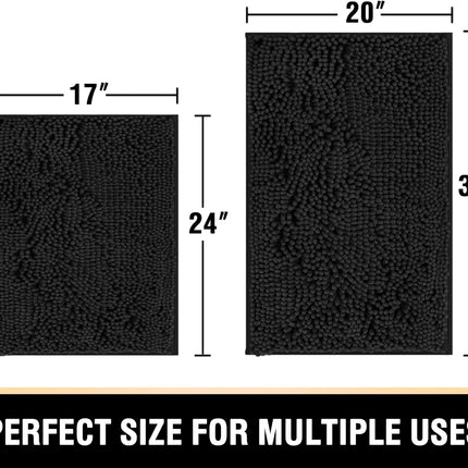 Black Bathroom Rug Set 2 Piece, Bath Mats for Floor, Super Thick Soft Shaggy Chenille Machine Washable, Dry Fast Water Absorbent Mats(20" x 32"/17" 24") 20" 32" Plus 17" 24".