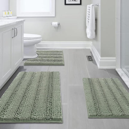 3 Piece Bathroom Rugs Sets Thick Striped Bath Set for Non Slip Soft Absorbent Mat Tub, Shower and Toilet(17''x24''+20''x32''+20''x24'' U-Shaped, Sage) Sage 17" x 24" + 20" 32" U Shape.