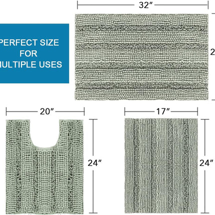 3 Piece Bathroom Rugs Sets Thick Striped Bath Set for Non Slip Soft Absorbent Mat Tub, Shower and Toilet(17''x24''+20''x32''+20''x24'' U-Shaped, Sage) Sage 17" x 24" + 20" 32" U Shape.