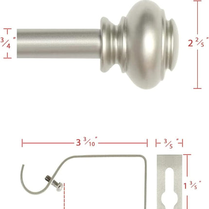 Window Curtain Rods for Windows 28 to 48 Inches Adjustable Decorative 3/4 Inch Diameter Single Rod Set with Classic Finials, Nickel 28"-48".