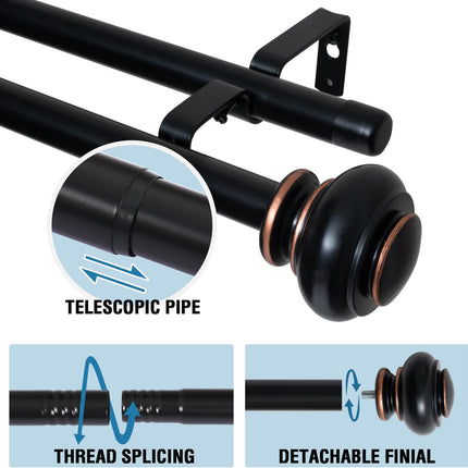 Double Curtain Rods for Windows 16.2 to 90.6 Inches 3/4 inch Diameter Adjustable Decorative Telescoping Rod with Brackets Heavy Duty Splicing Rods, Black 16.2"-90.6".