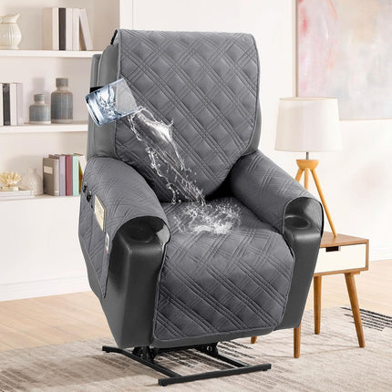 100% Waterproof Recliner Chair Cover Nonslip Stay in Place Electric Power Lift Slipcovers Fitted Standard Large with Side Pocket,Grey/Beige Grey/Beige -.