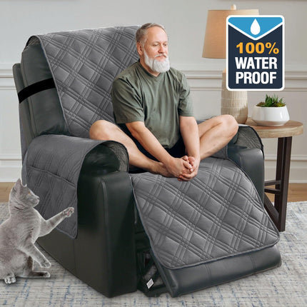100% Waterproof Recliner Chair Cover Nonslip Stay in Place Electric Power Lift Slipcovers Fitted Standard Large with Side Pocket,Grey/Beige Grey/Beige -.