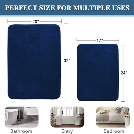 Bath Mat Memory Foam Set Bathroom Rug Flannel Velvety Luxury Extra Soft and Absorbent Non Slip Rugs for Bathroom/Bedroom Washable(2 Pack- 20"x 32"/ 17"x 24", Navy) Navy 20" x 32" Plus 17" 24".