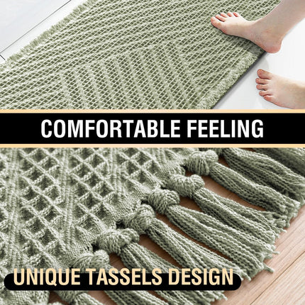 Waffle Bath Mat Super Absorbent Boho Non Slip Rugs for Bathroom Floor Machine Washable Dry Fast with Handmade Tassels, 20" x 32", Sage 32".