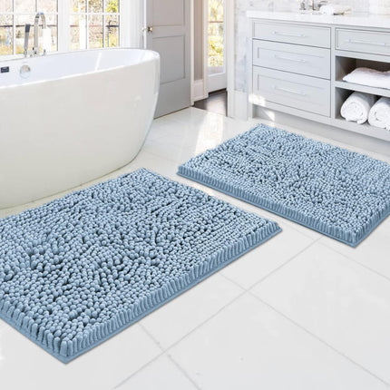 Bath Mats - Non Slip Luxury Chenille Bathroom Rugs, Extra Soft Absorbent Shaggy, Washable Fast Dry 2 Piece (Cool Blue, 20" x 32"/17" 24") Cool Blue 32" Plus 17" 24".