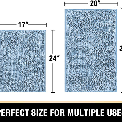Bath Mats - Non Slip Luxury Chenille Bathroom Rugs, Extra Soft Absorbent Shaggy, Washable Fast Dry 2 Piece (Cool Blue, 20" x 32"/17" 24") Cool Blue 32" Plus 17" 24".