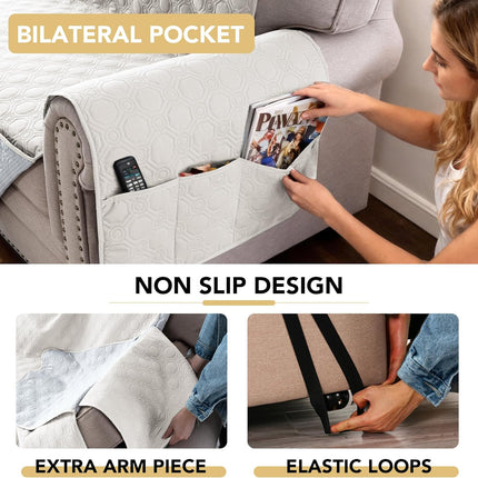 100% Waterproof Couch Cover for 3 Cushion Sofa Washable Pet Friendly with Elastic Straps Thick Durable Storage Pocket(XL Sofa, Beige) Beige 78"-X-Large.