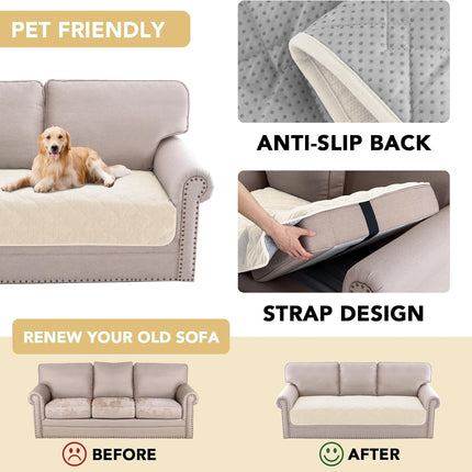 Couch Cover Chenille Pet Fuzzy Sofa Covers for 3 Cushion Anti Slip Washable Slipcovers with Strap Soft Protector Dogs Cats Kids(36" x 82", Ivory) Ivory 36" 82".