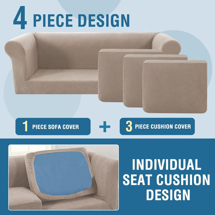 4 Piece Stretch Chesterfield Sofa Slipcovers Mid Century Deep Seat Covers Washable (Base Cover Plus 3 Cushion Covers) Thicker Jacquard Fabric (Large Sofa, Sand) Sand Large.
